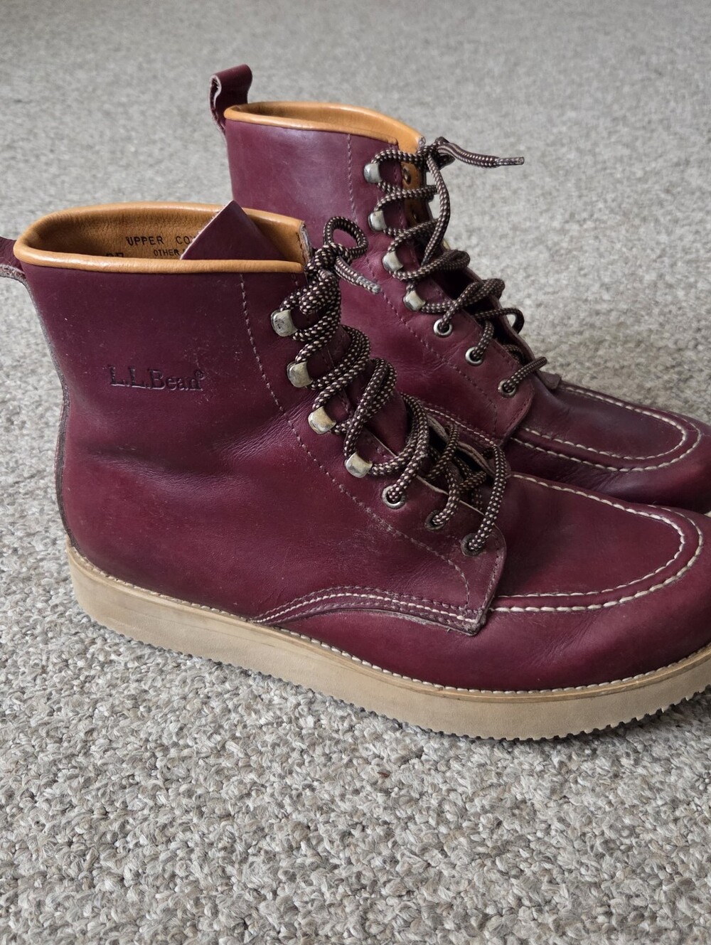 Vtg LL Bean Mens Burgundy Leather Moc Toe Boots Lace Up -Italy  Sz 11‎